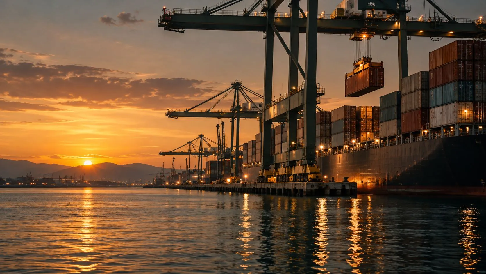 Terminal de contêineres com navio atracado, vista aérea