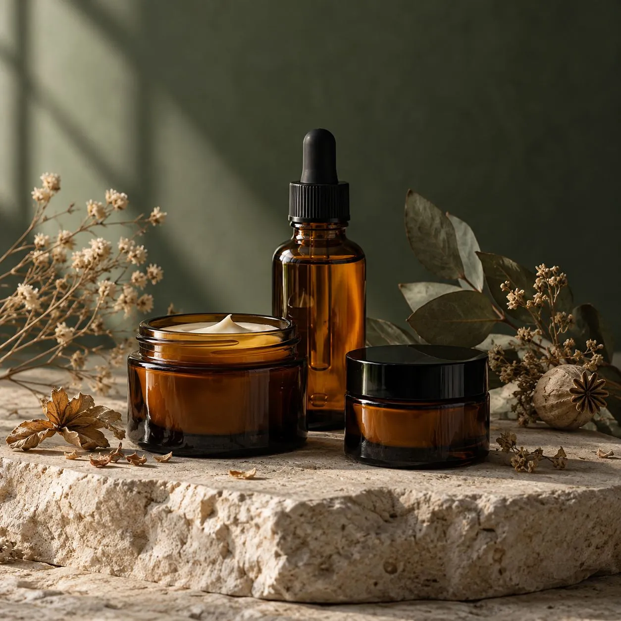 Texturas de cosméticos naturais com folhas verdes